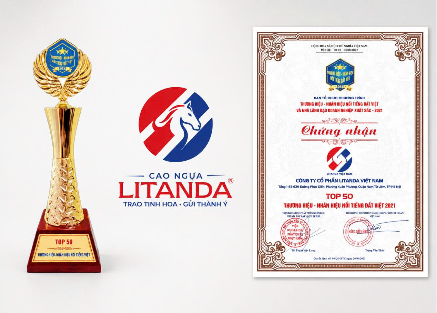 Cúp và giấy chứng nhận top50 thương hiệu Việt của Litanda