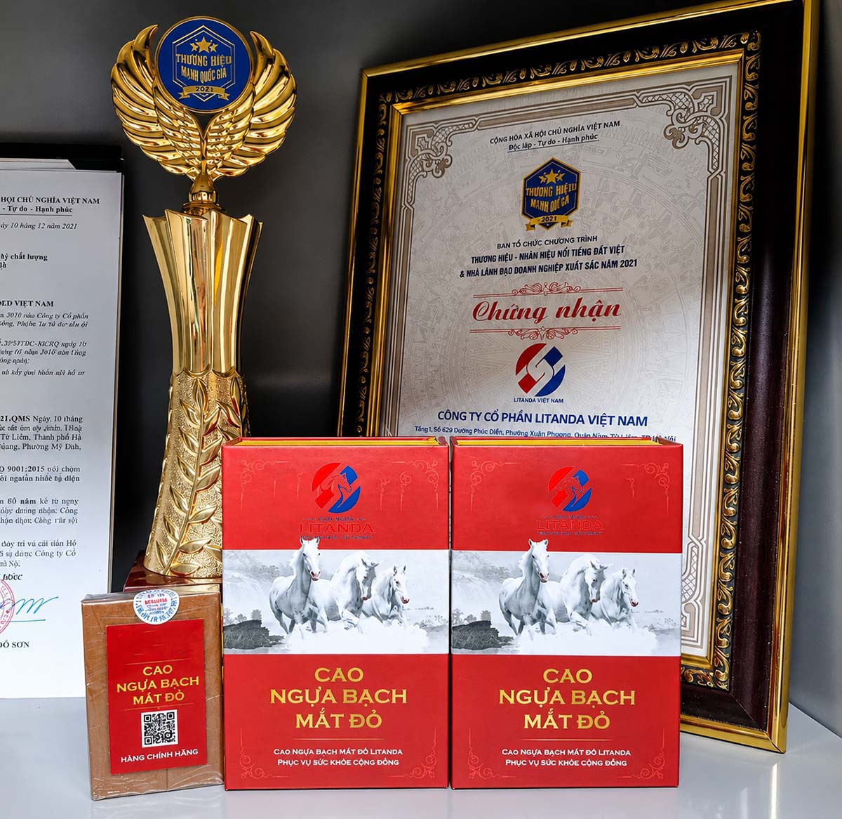 Cúp và bằng khen chứng nhận top 50 thương hiệu Viêt của Litanda