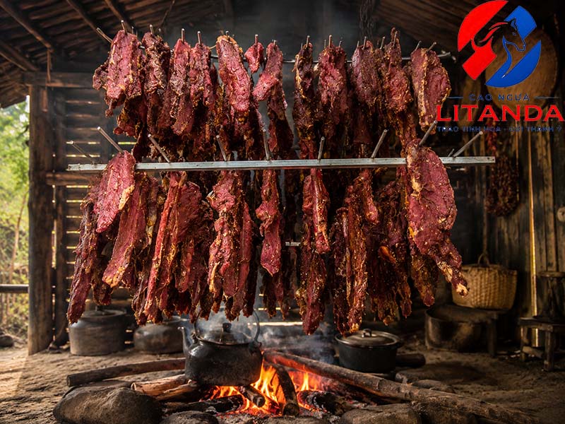 Thịt ngựa đang được hun khói bếp 