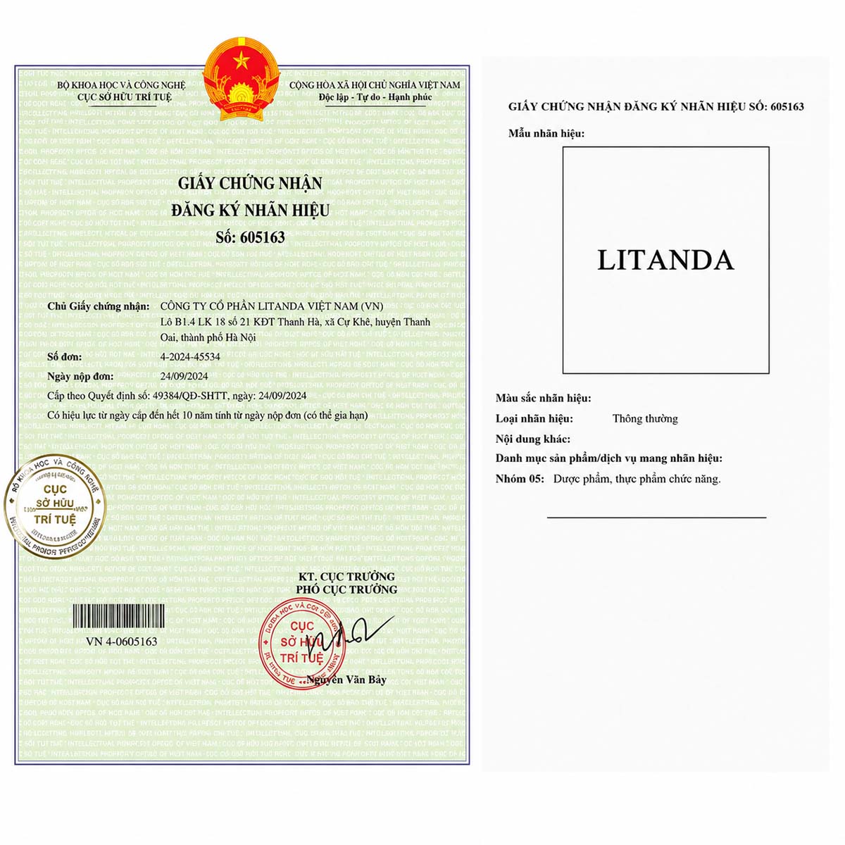Giấy chứng nhận đăng ký nhãn hiệu cao ngựa Litanda