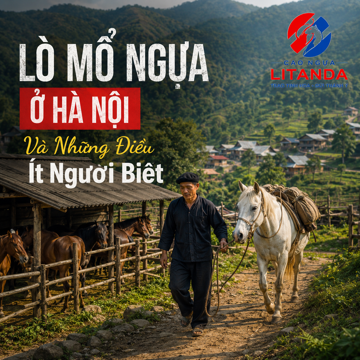 Người dân dắt ngựa trên vùng núi phía Bắc, phía xa là chuồng ngựa và khung cảnh làng bản.